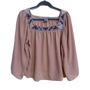 FLYING TOMATO Boho Blouse w/ Embroidered Neckline